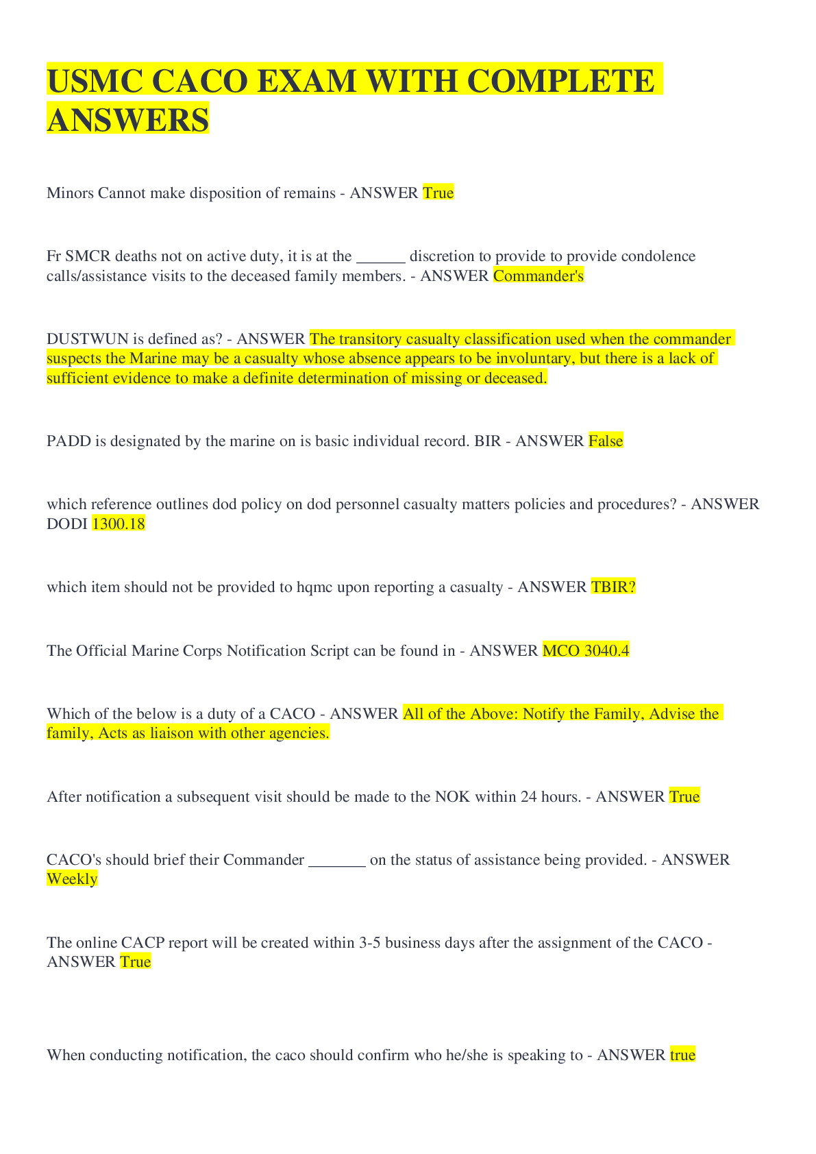 Preview image of USMC CACO EXAM WITH COMPLETE ANSWERS document